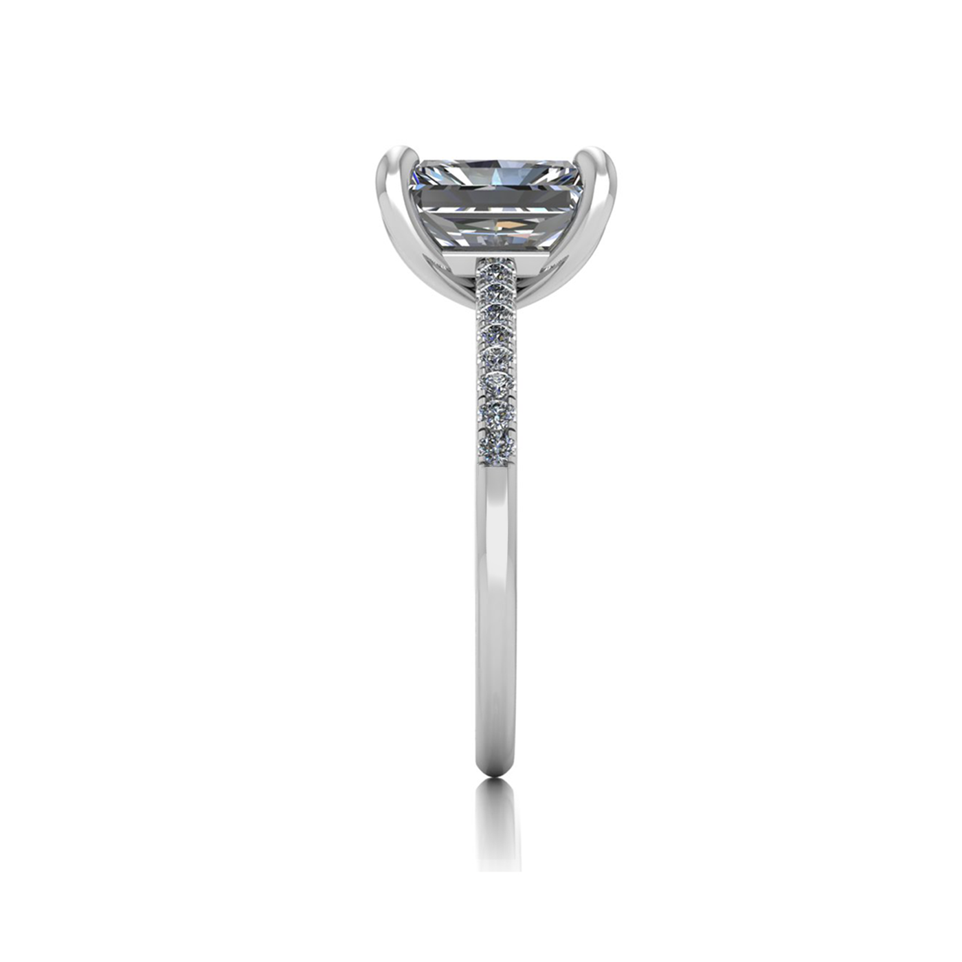 18k white gold  2,50 ct 4 prongs radiant cut diamond engagement ring with whisper thin pavÉ set band
