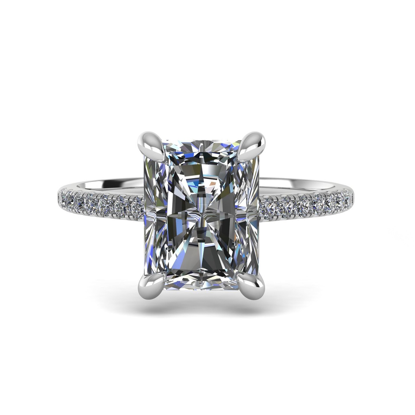 18k white gold  2,50 ct 4 prongs radiant cut diamond engagement ring with whisper thin pavÉ set band