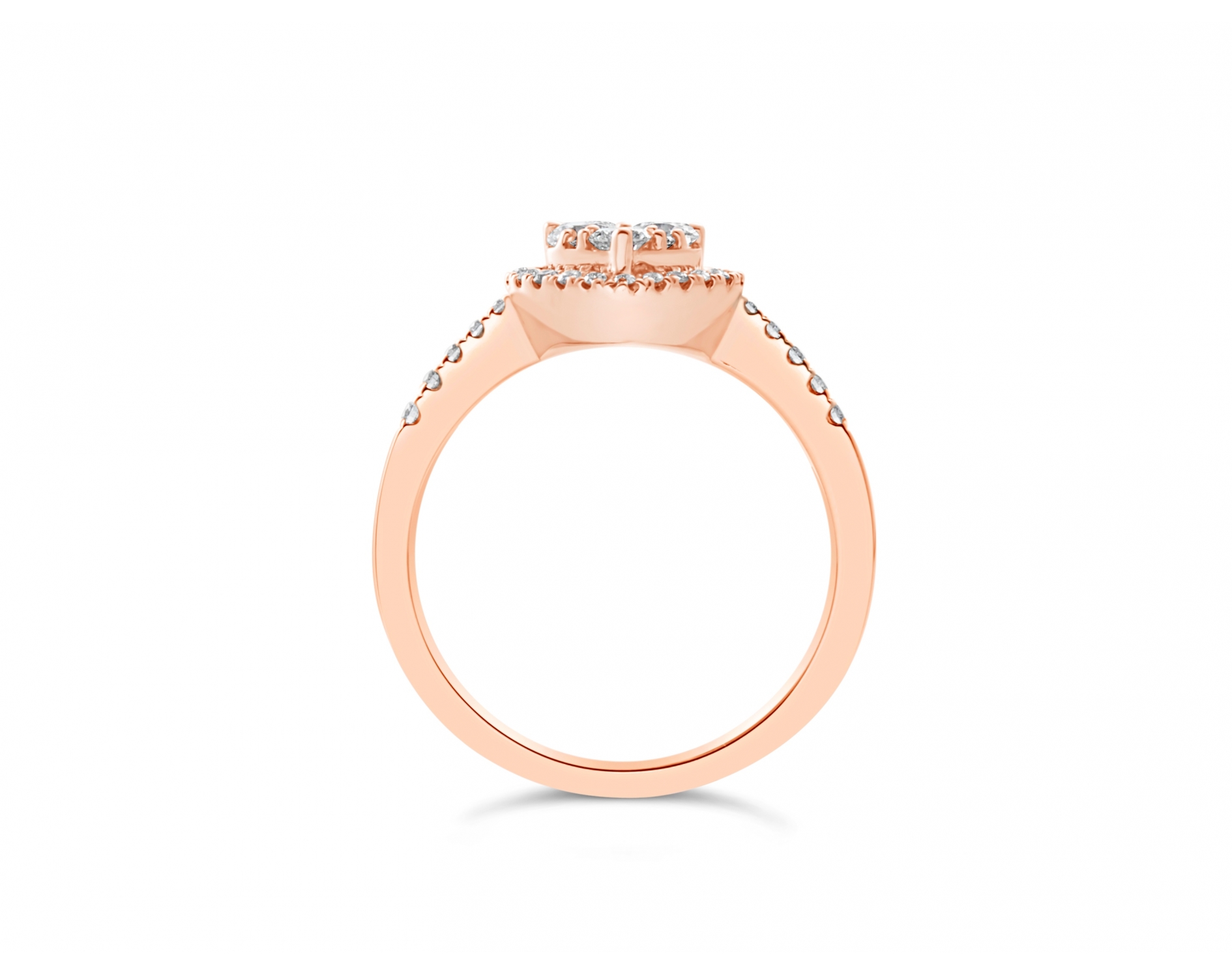 18k rose gold heart shaped halo illusion set engagement ring with round pave set diamonds