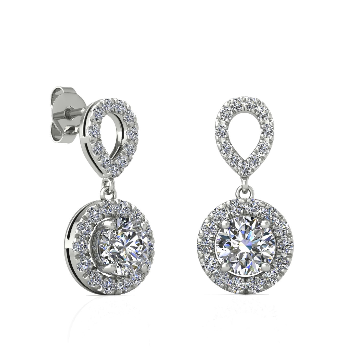 4 prongs round shape diamond hanging drop earrings with diamond pavÉ set halo