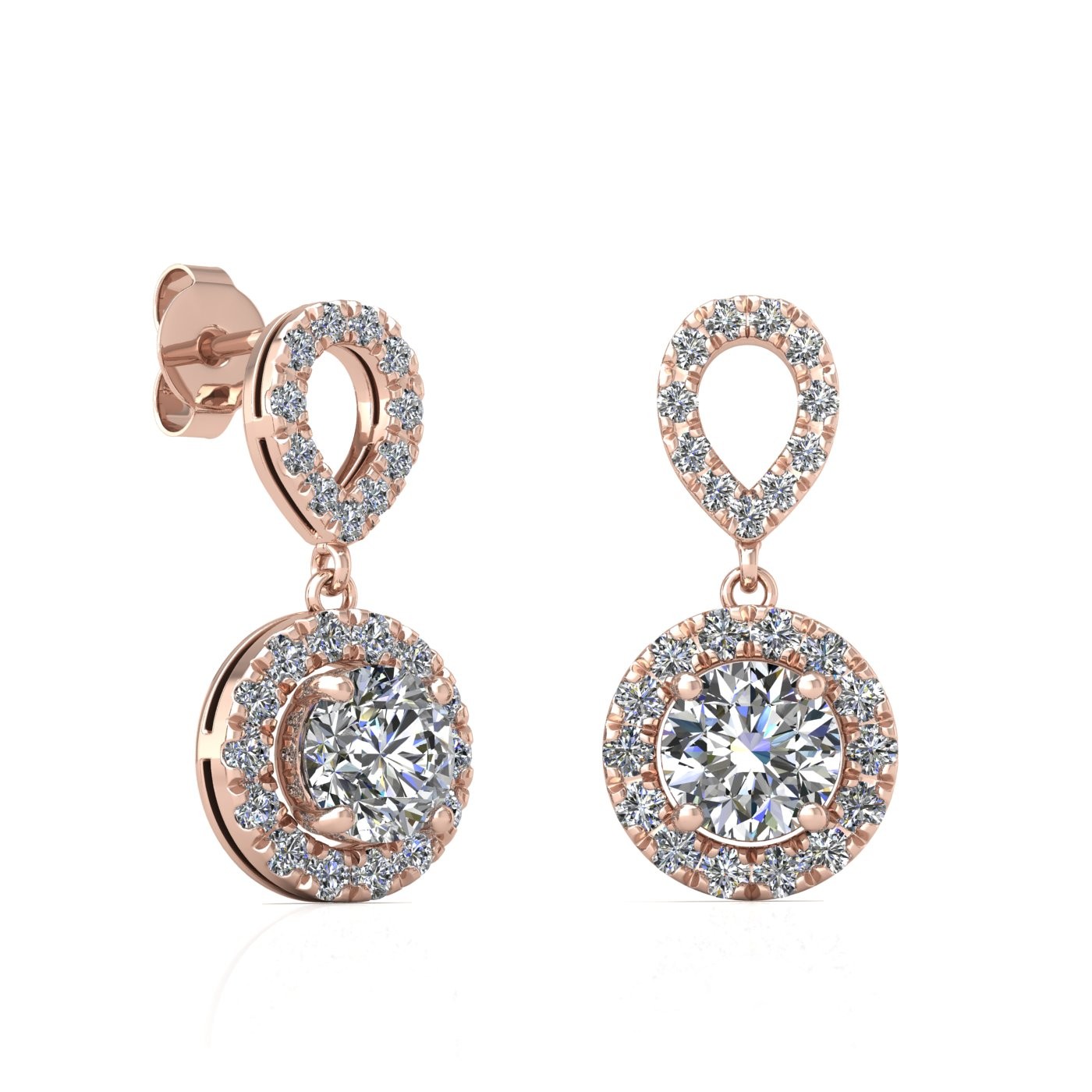 18k rose gold 0,2 ct each (0,4 tcw) 4 prongs round shape diamond hanging drop earrings with diamond pavÉ set halo Photos & images