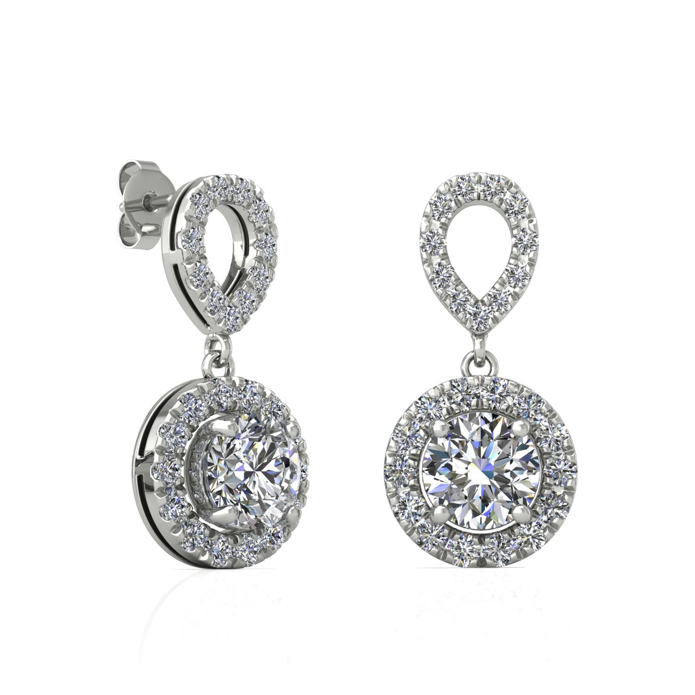 18k rose gold 0,2 ct each (0,4 tcw) 4 prongs round shape diamond hanging drop earrings with diamond pavÉ set halo Photos & images