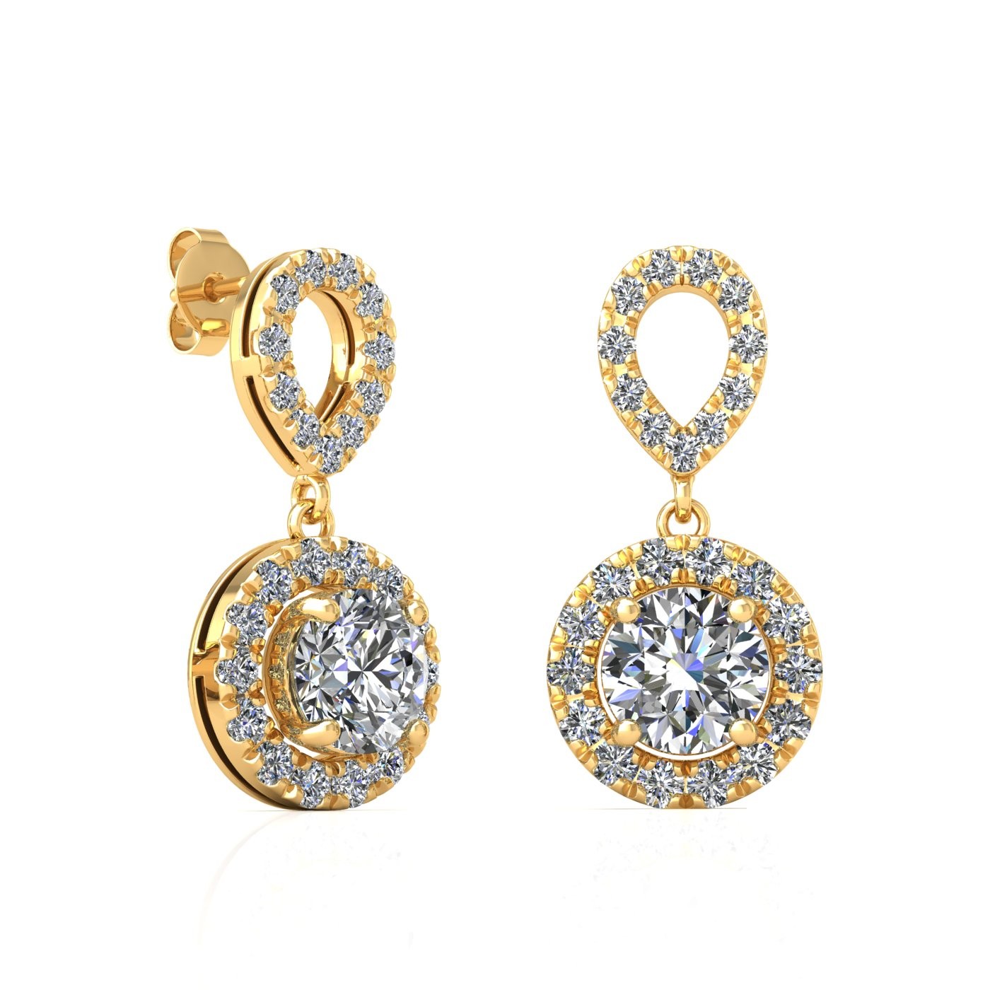 18k rose gold 0,2 ct each (0,4 tcw) 4 prongs round shape diamond hanging drop earrings with diamond pavÉ set halo Photos & images