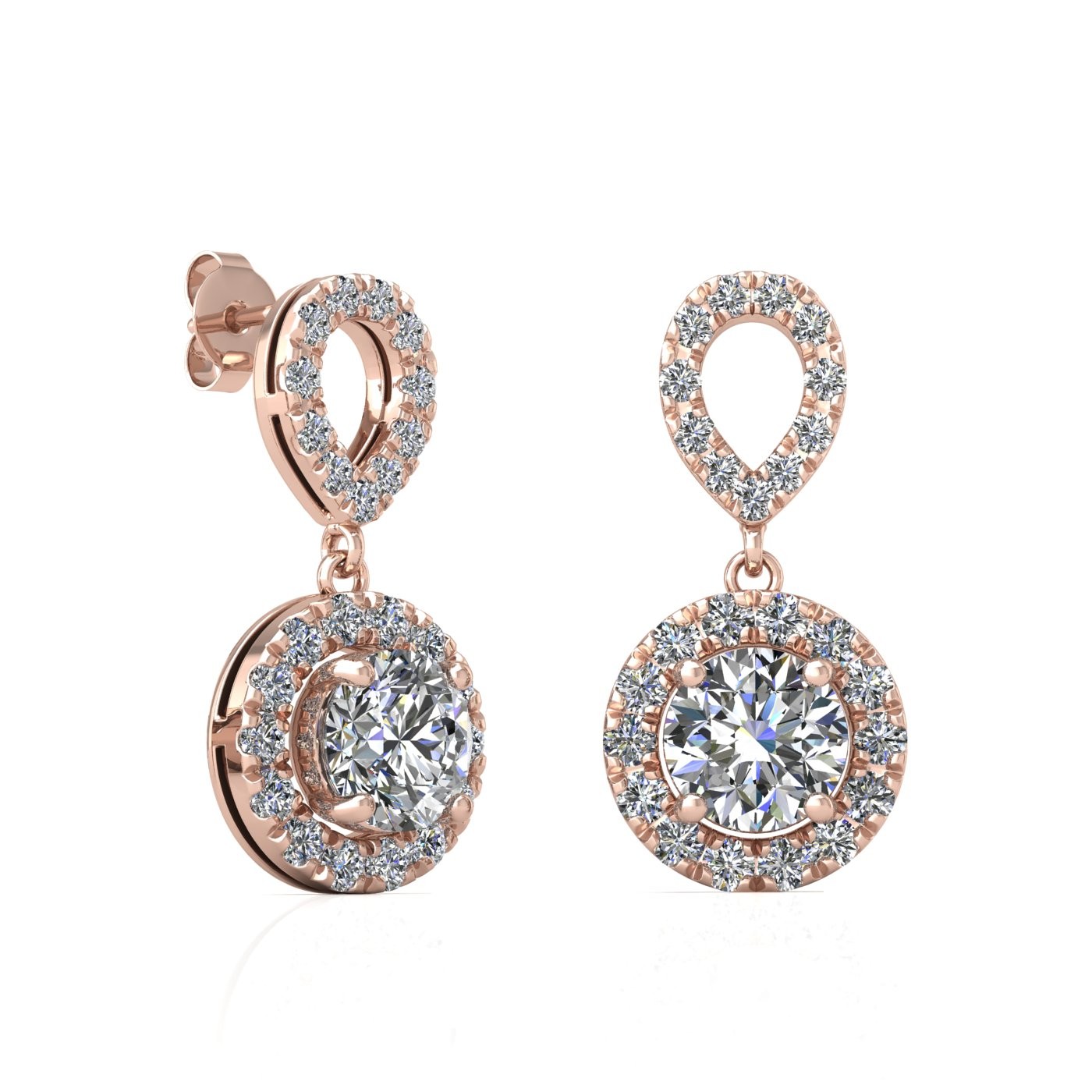 18k rose gold 0,2 ct each (0,4 tcw) 4 prongs round shape diamond hanging drop earrings with diamond pavÉ set halo