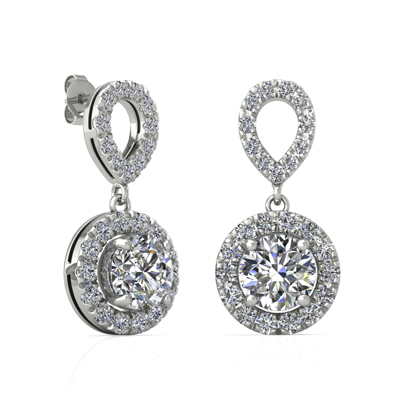 18k white gold 0,2 ct each (0,4 tcw) 4 prongs round shape diamond hanging drop earrings with diamond pavÉ set halo Photos & images