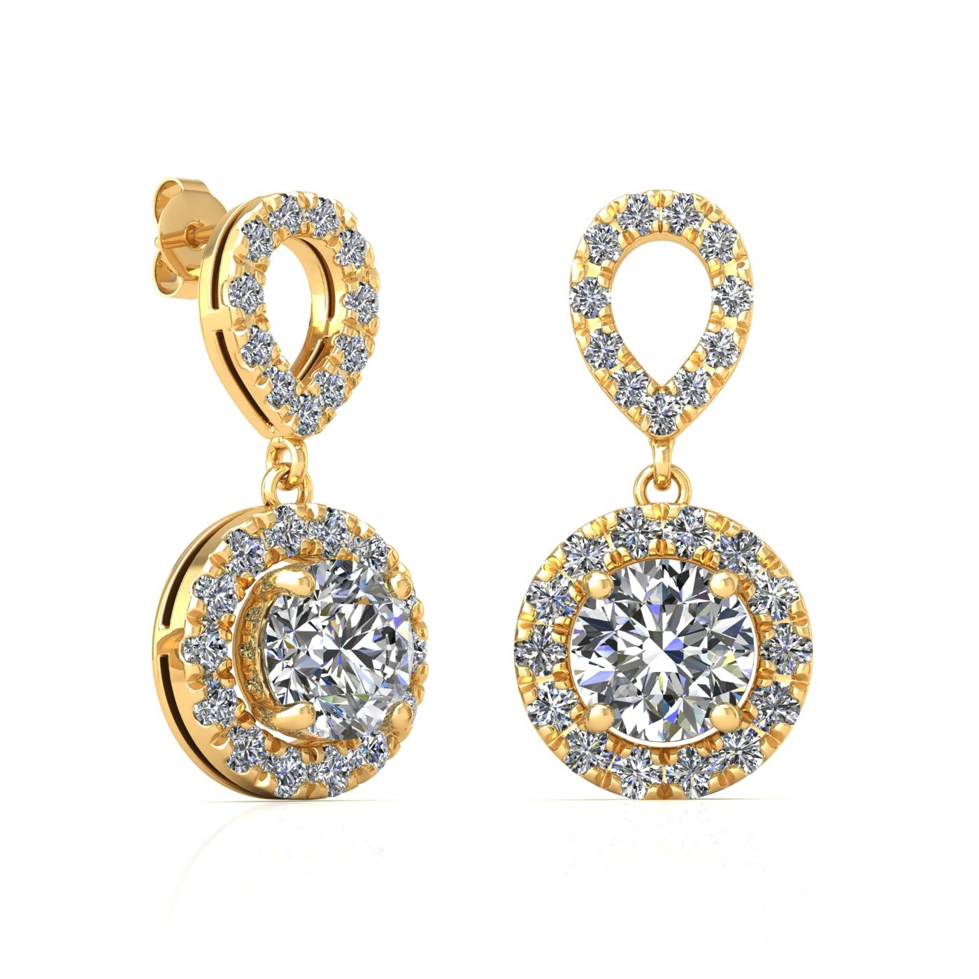 18k yellow gold 0,2 ct each (0,4 tcw) 4 prongs round shape diamond hanging drop earrings with diamond pavÉ set halo Photos & images