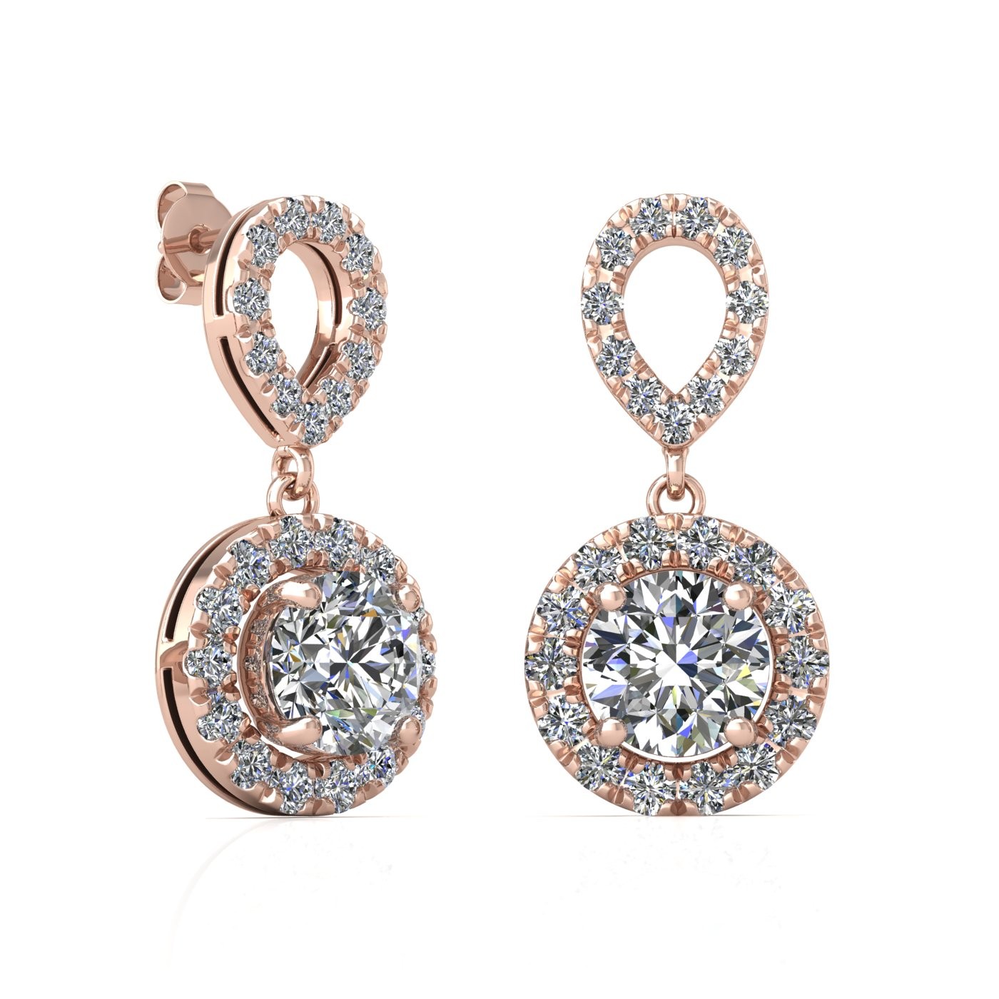 18k rose gold 0,2 ct each (0,4 tcw) 4 prongs round shape diamond hanging drop earrings with diamond pavÉ set halo Photos & images