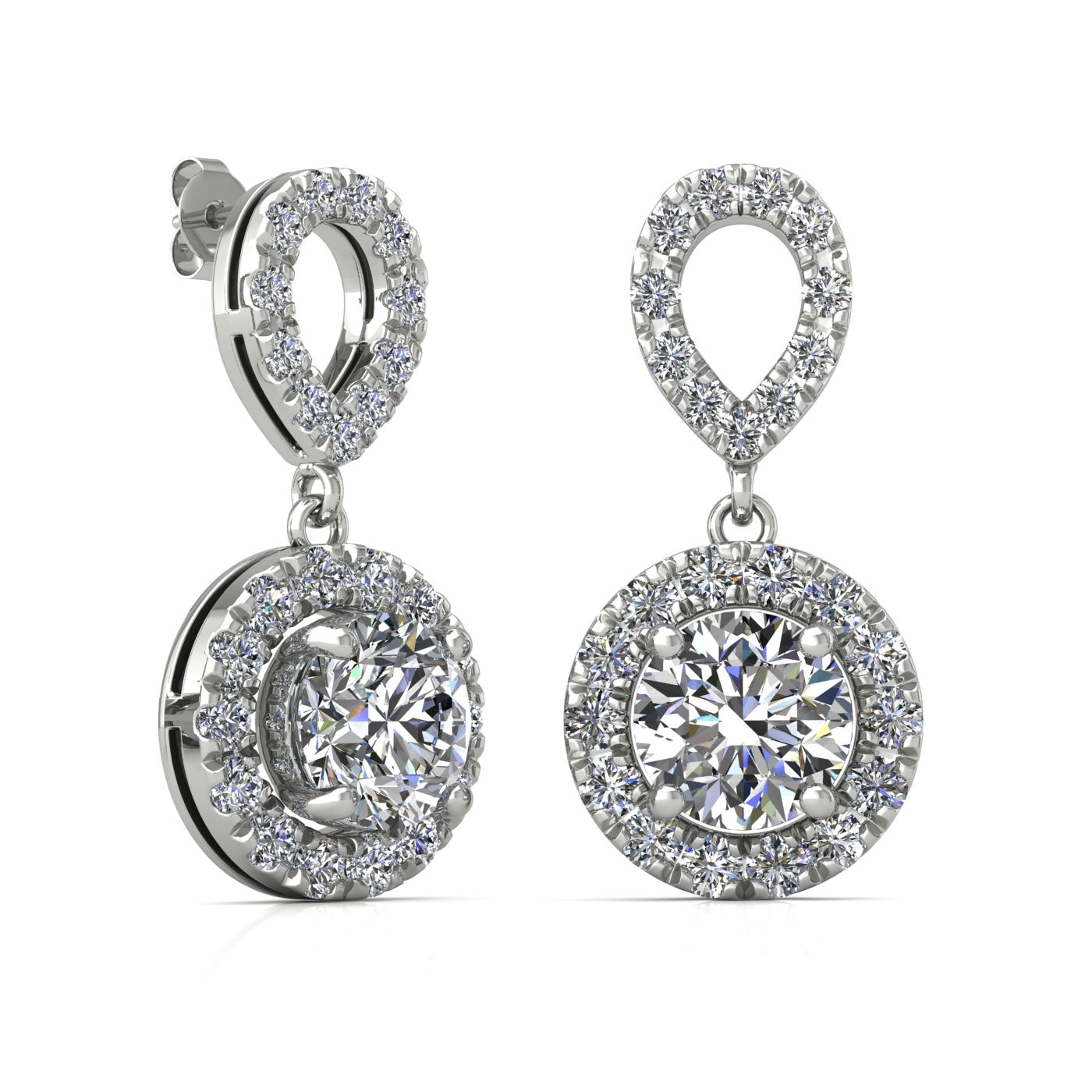 18k white gold 0,2 ct each (0,4 tcw) 4 prongs round shape diamond hanging drop earrings with diamond pavÉ set halo Photos & images