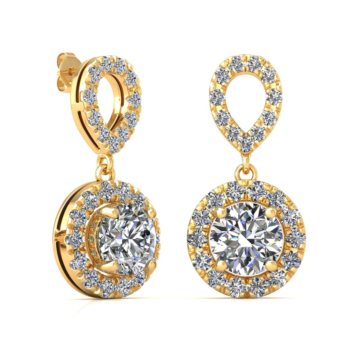 18k yellow gold 0,2 ct each (0,4 tcw) 4 prongs round shape diamond hanging drop earrings with diamond pavÉ set halo Photos & images