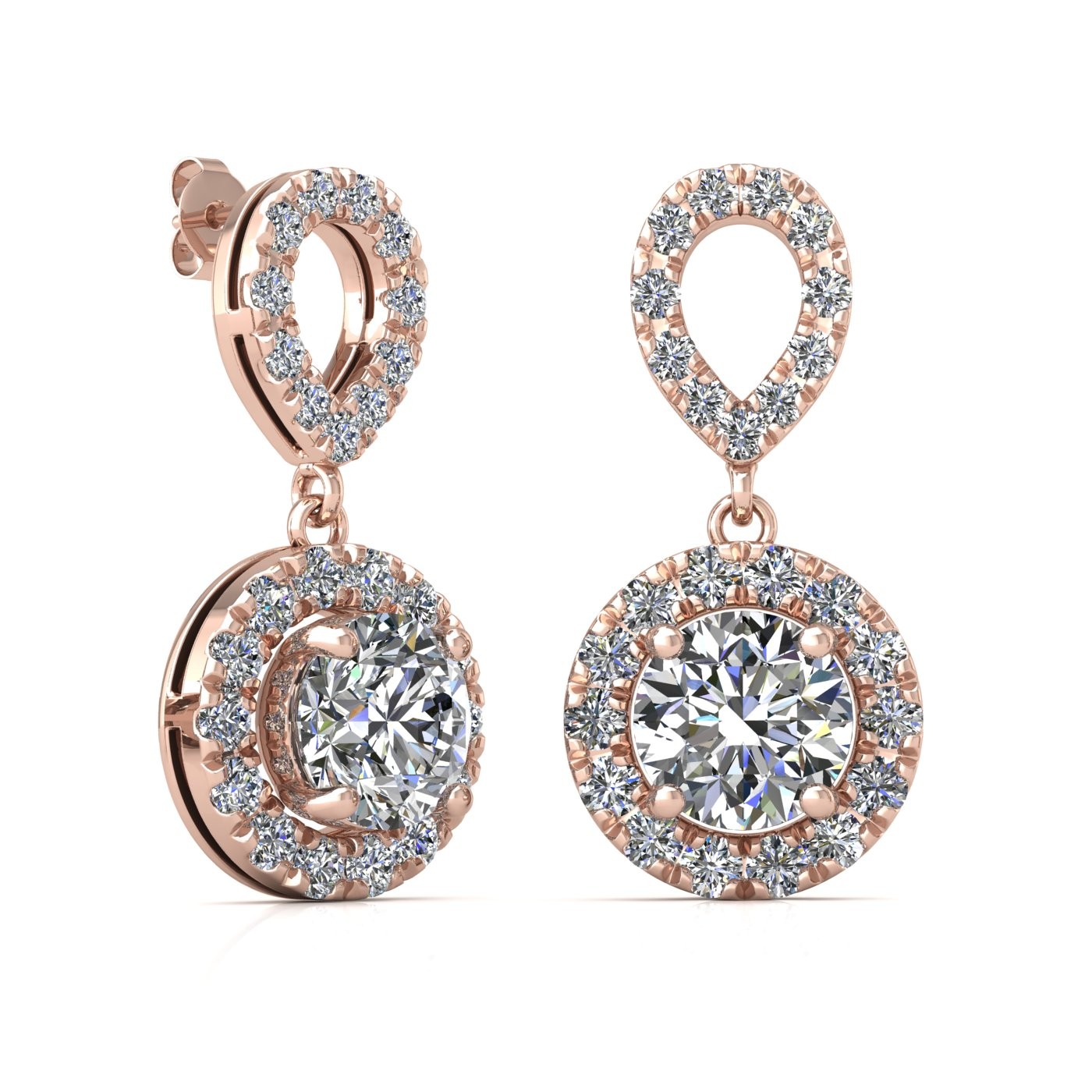 18k rose gold 0,2 ct each (0,4 tcw) 4 prongs round shape diamond hanging drop earrings with diamond pavÉ set halo Photos & images
