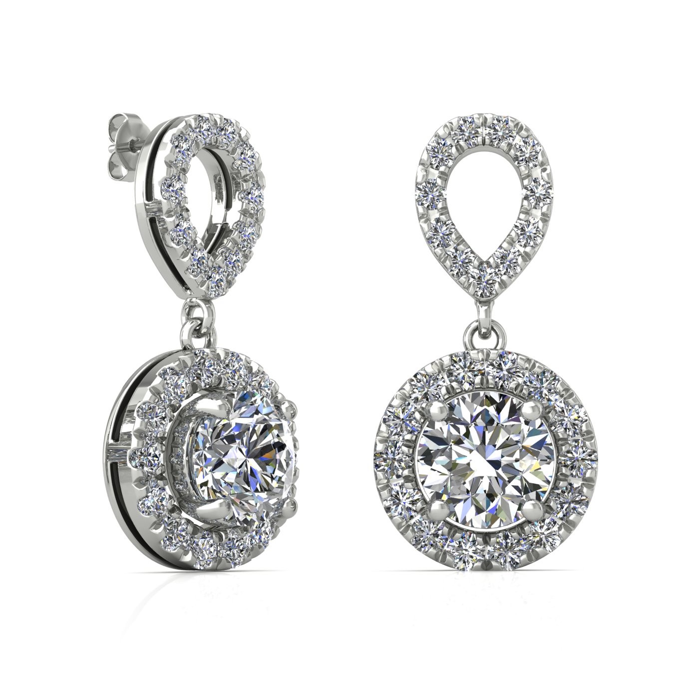 18k white gold 0,2 ct each (0,4 tcw) 4 prongs round shape diamond hanging drop earrings with diamond pavÉ set halo Photos & images