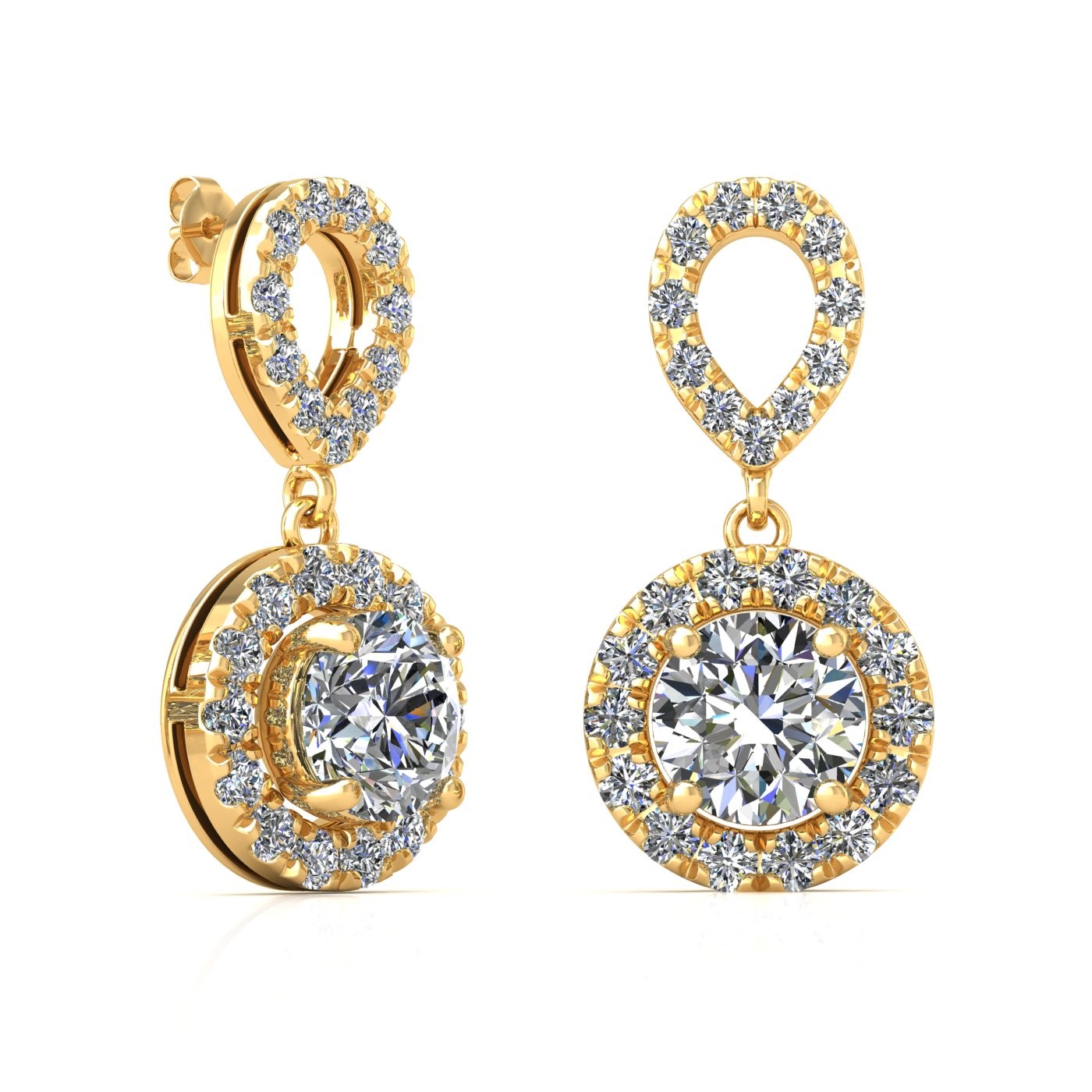 18k yellow gold 0,2 ct each (0,4 tcw) 4 prongs round shape diamond hanging drop earrings with diamond pavÉ set halo Photos & images