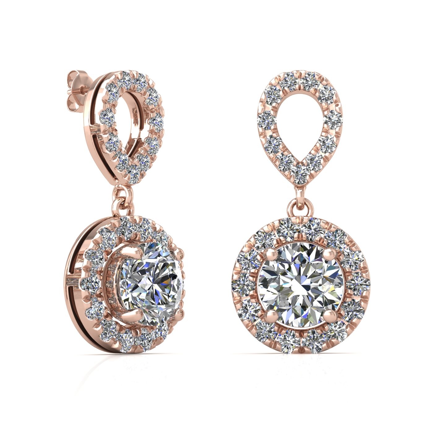 18k rose gold 0,2 ct each (0,4 tcw) 4 prongs round shape diamond hanging drop earrings with diamond pavÉ set halo Photos & images