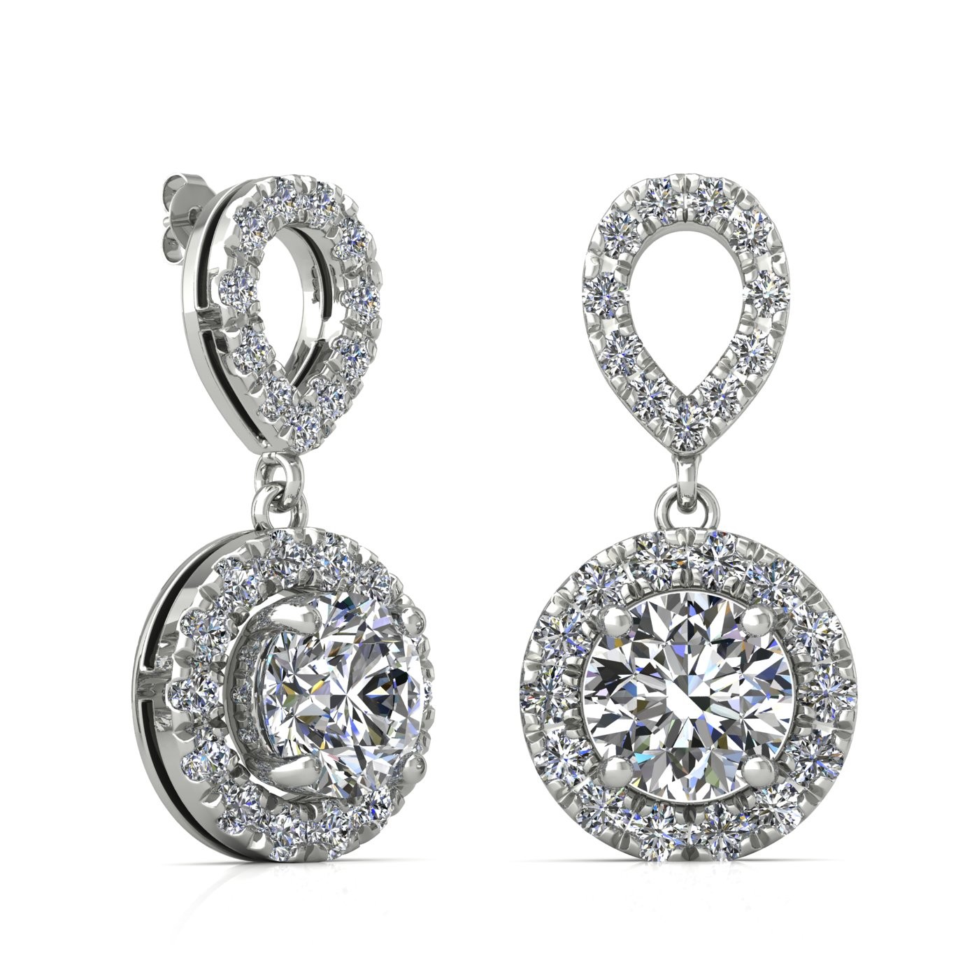 18k white gold 0,2 ct each (0,4 tcw) 4 prongs round shape diamond hanging drop earrings with diamond pavÉ set halo Photos & images