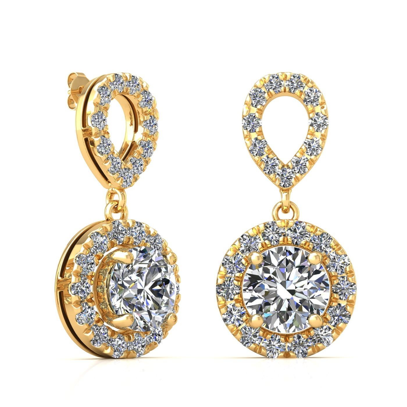 18k yellow gold 1.0 ct each (2,0 tcw) 4 prongs round shape diamond hanging drop earrings with diamond pavÉ set halo