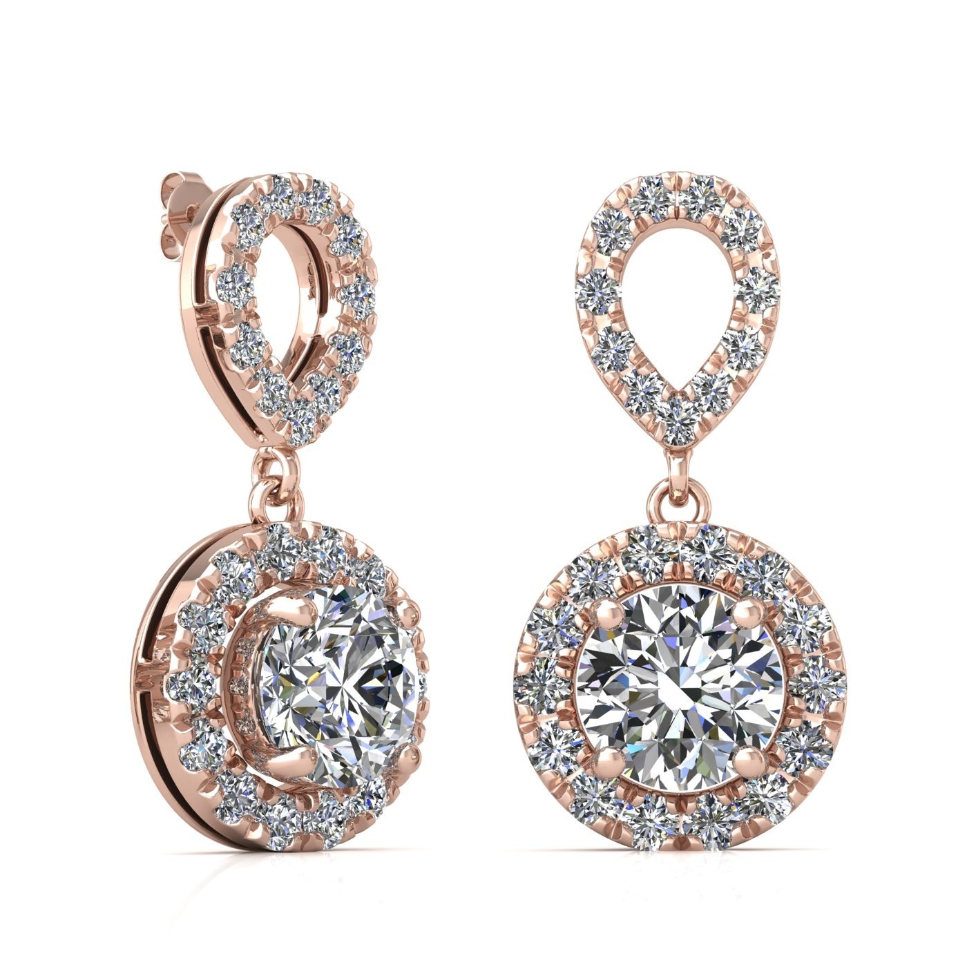 18k rose gold 1.0 ct each (2,0 tcw) 4 prongs round shape diamond hanging drop earrings with diamond pavÉ set halo
