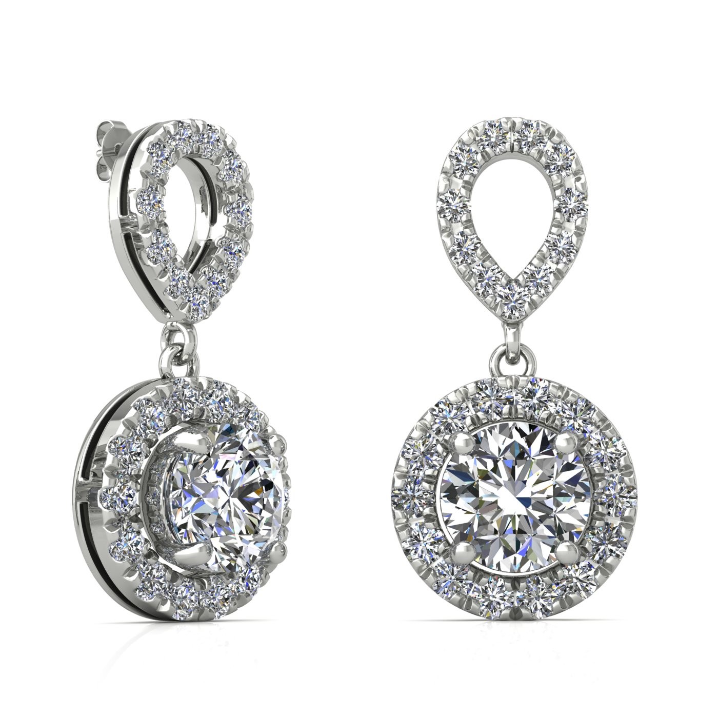 18k white gold 0,2 ct each (0,4 tcw) 4 prongs round shape diamond hanging drop earrings with diamond pavÉ set halo Photos & images