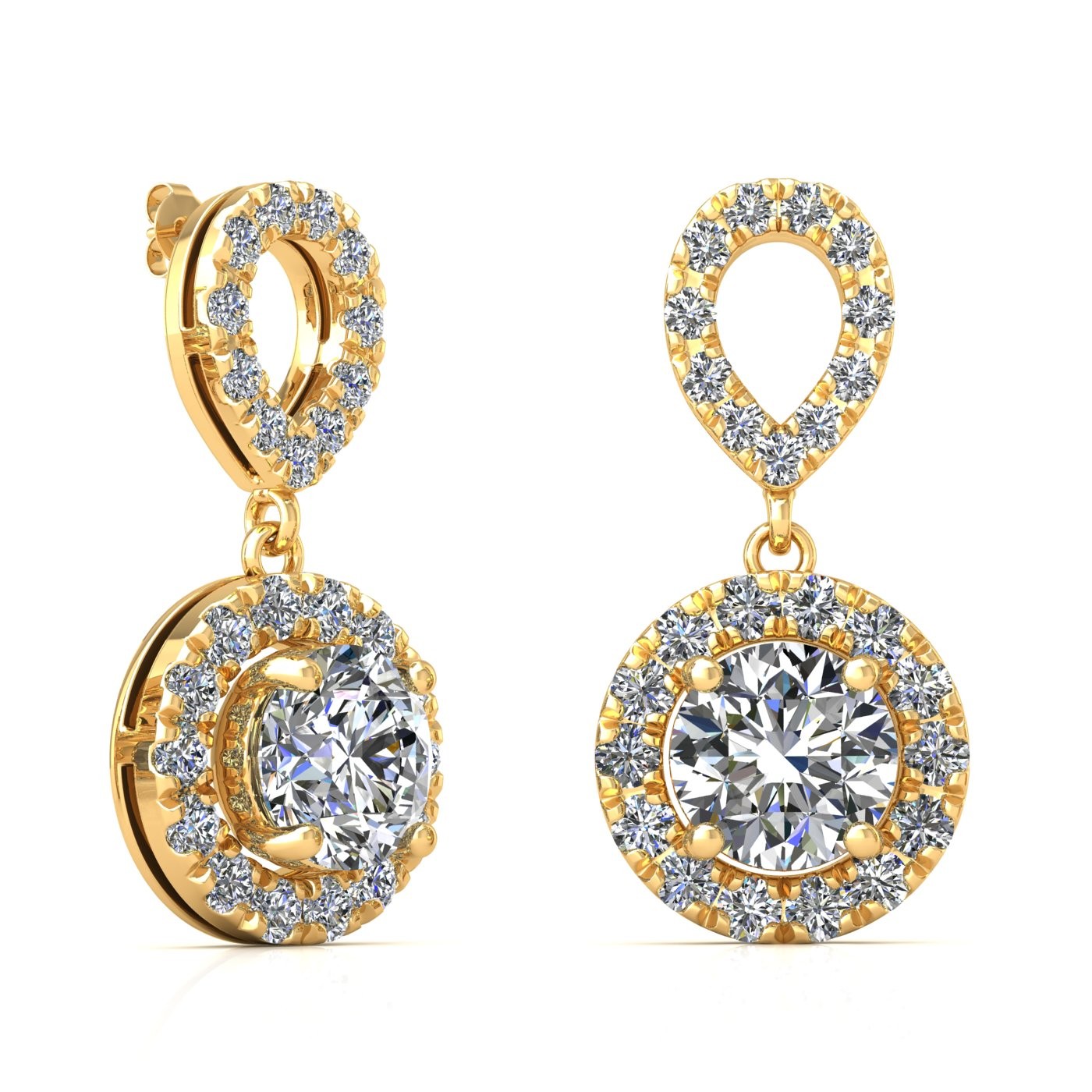 18k yellow gold 0,2 ct each (0,4 tcw) 4 prongs round shape diamond hanging drop earrings with diamond pavÉ set halo Photos & images