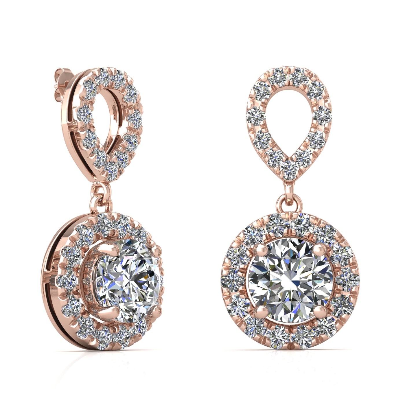 18k rose gold 0,2 ct each (0,4 tcw) 4 prongs round shape diamond hanging drop earrings with diamond pavÉ set halo Photos & images