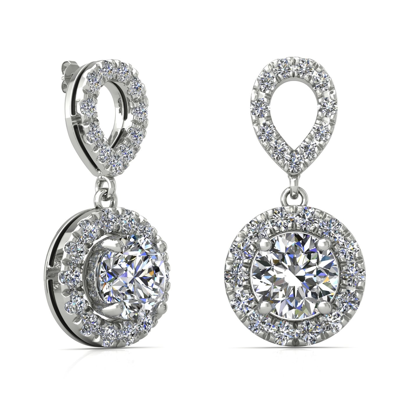 18k white gold 0,2 ct each (0,4 tcw) 4 prongs round shape diamond hanging drop earrings with diamond pavÉ set halo Photos & images