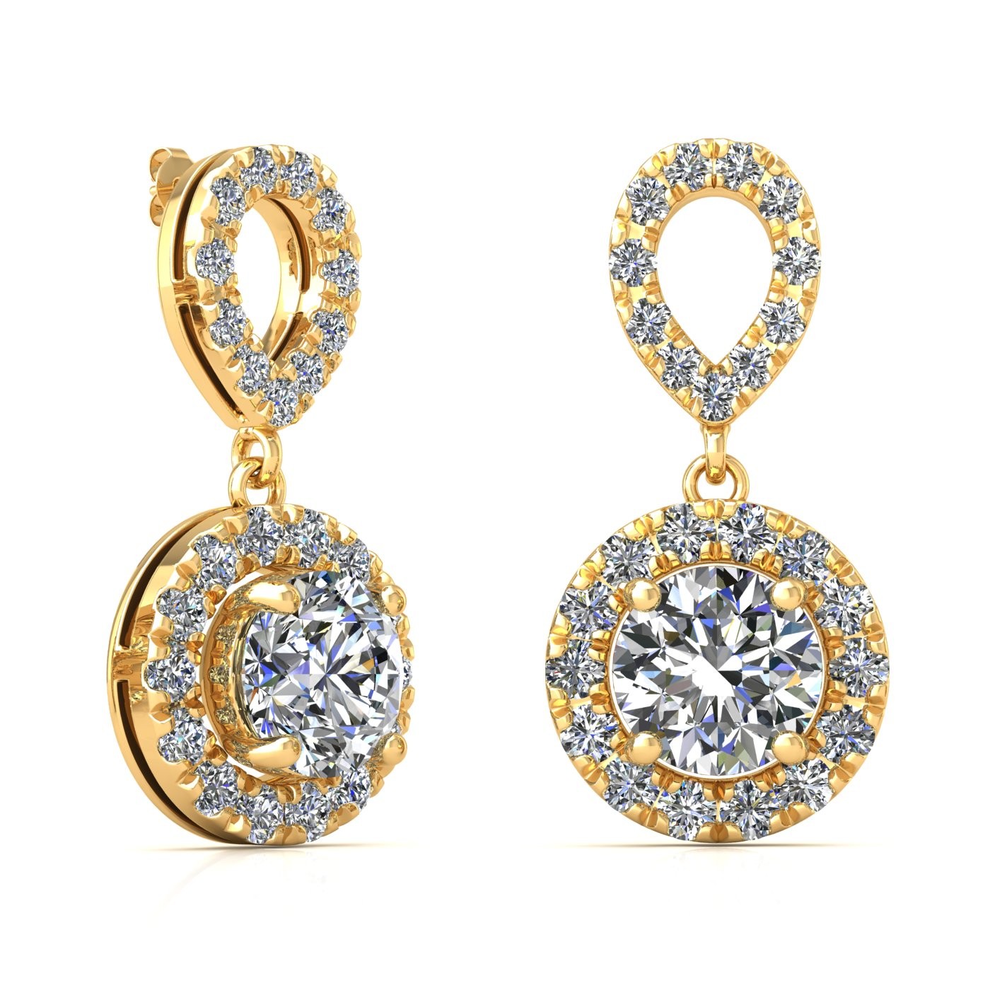 18k yellow gold 0,2 ct each (0,4 tcw) 4 prongs round shape diamond hanging drop earrings with diamond pavÉ set halo Photos & images