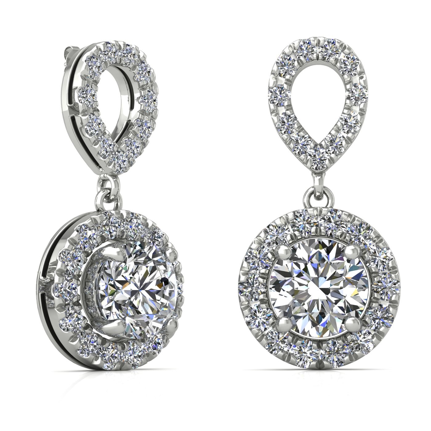 18k white gold 0,2 ct each (0,4 tcw) 4 prongs round shape diamond hanging drop earrings with diamond pavÉ set halo Photos & images