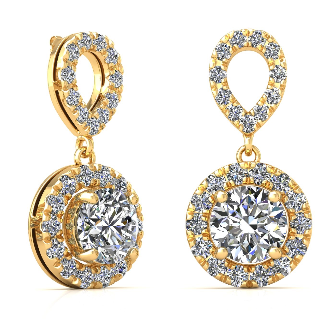 18k yellow gold 0,2 ct each (0,4 tcw) 4 prongs round shape diamond hanging drop earrings with diamond pavÉ set halo Photos & images