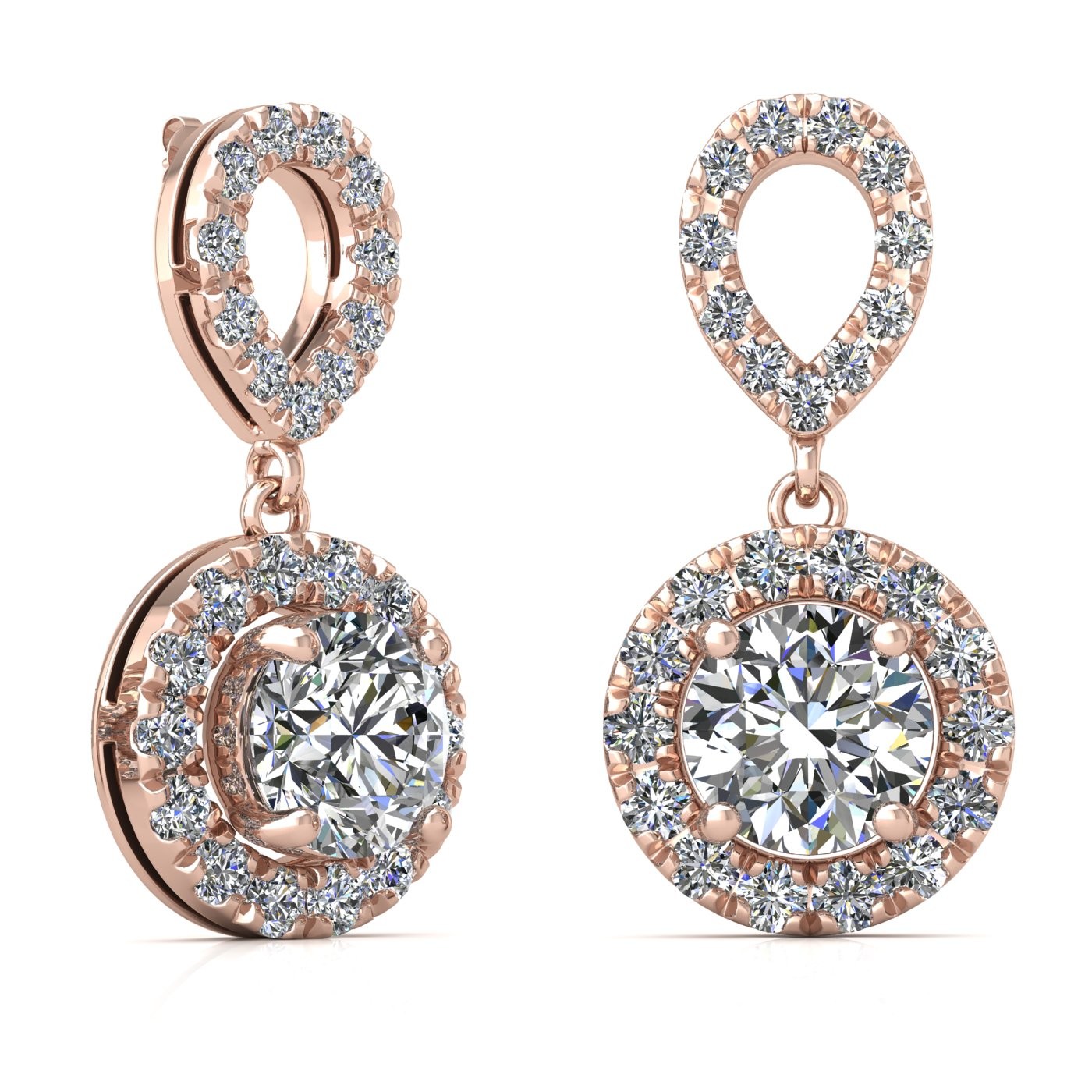 18k rose gold 0,2 ct each (0,4 tcw) 4 prongs round shape diamond hanging drop earrings with diamond pavÉ set halo Photos & images