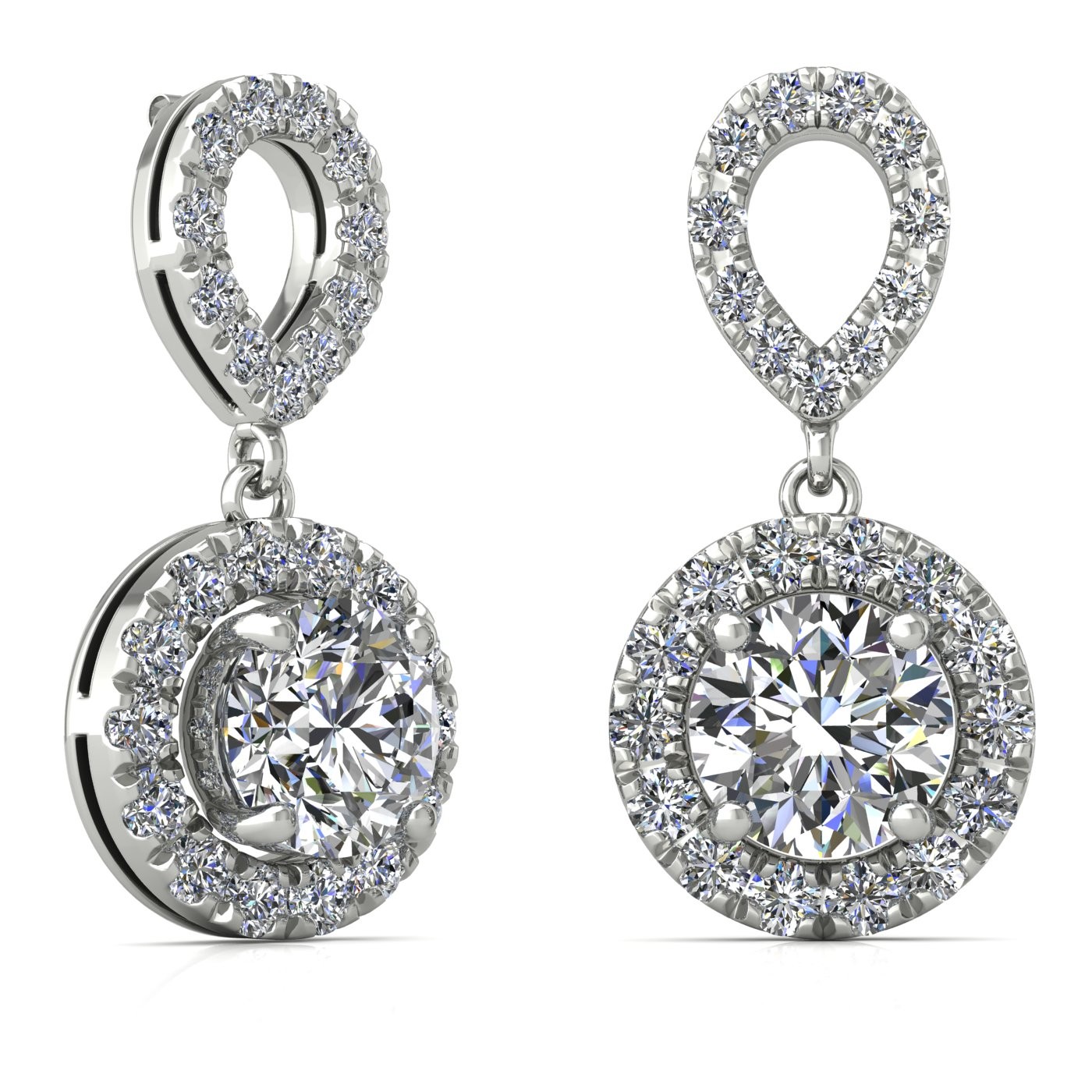 18k white gold 0,2 ct each (0,4 tcw) 4 prongs round shape diamond hanging drop earrings with diamond pavÉ set halo Photos & images