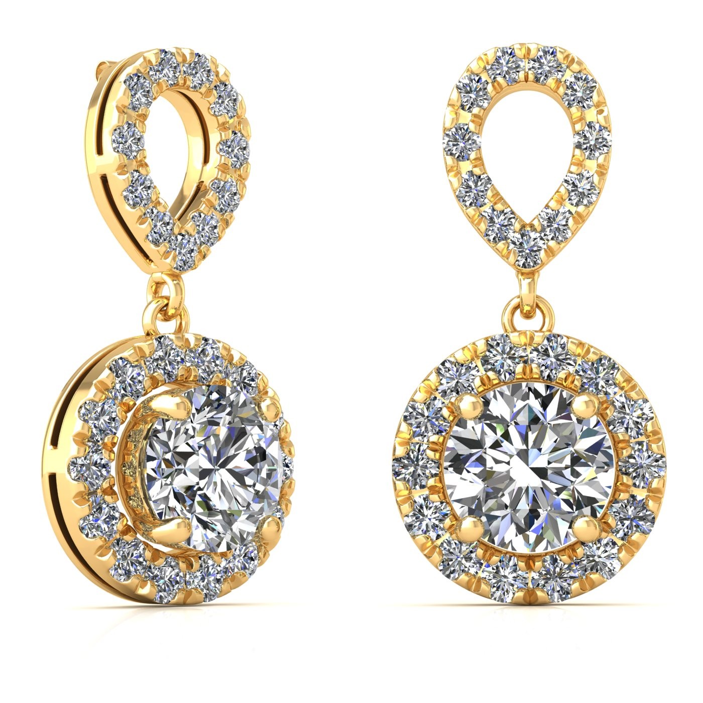 18k yellow gold 0,2 ct each (0,4 tcw) 4 prongs round shape diamond hanging drop earrings with diamond pavÉ set halo Photos & images