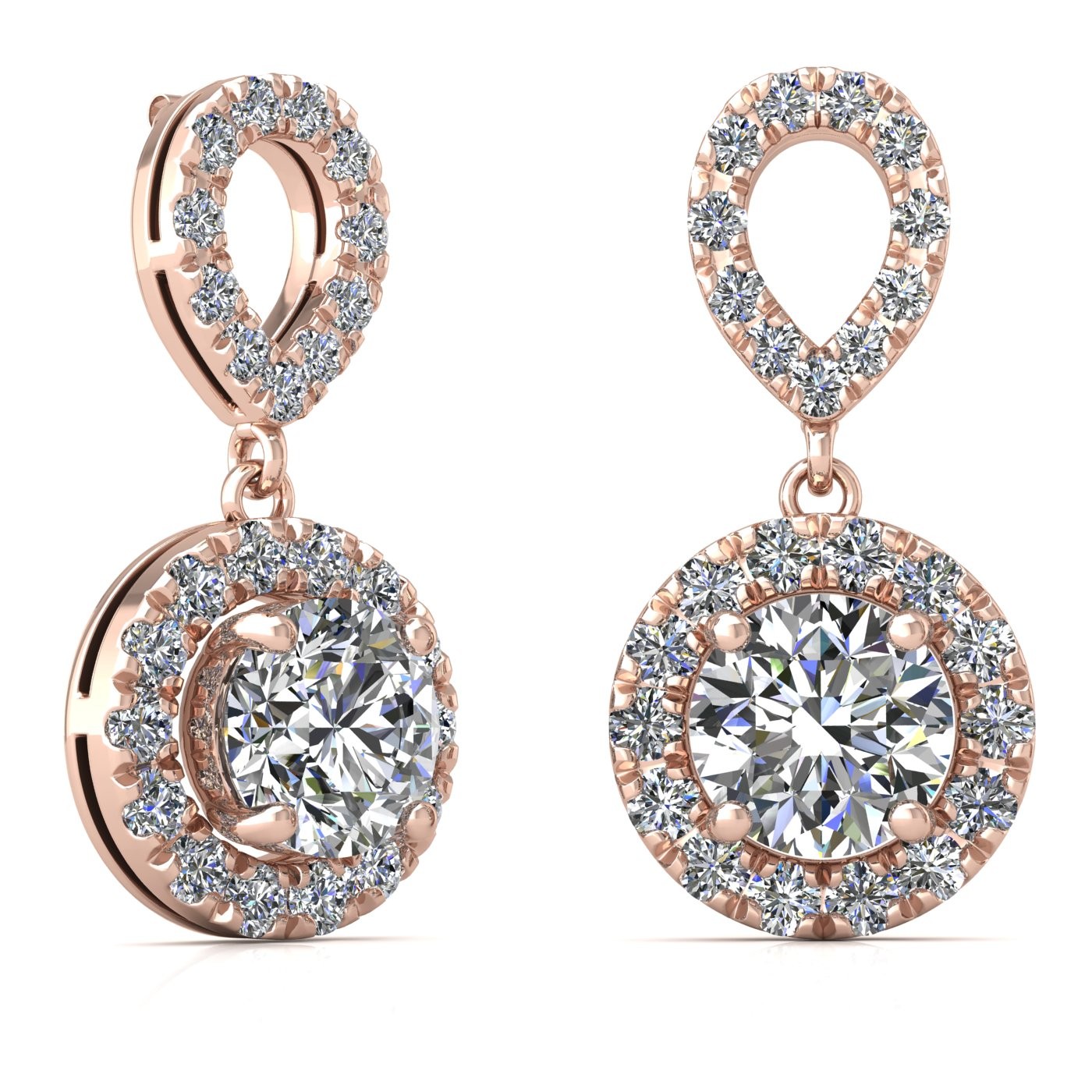 18k rose gold 0,2 ct each (0,4 tcw) 4 prongs round shape diamond hanging drop earrings with diamond pavÉ set halo Photos & images
