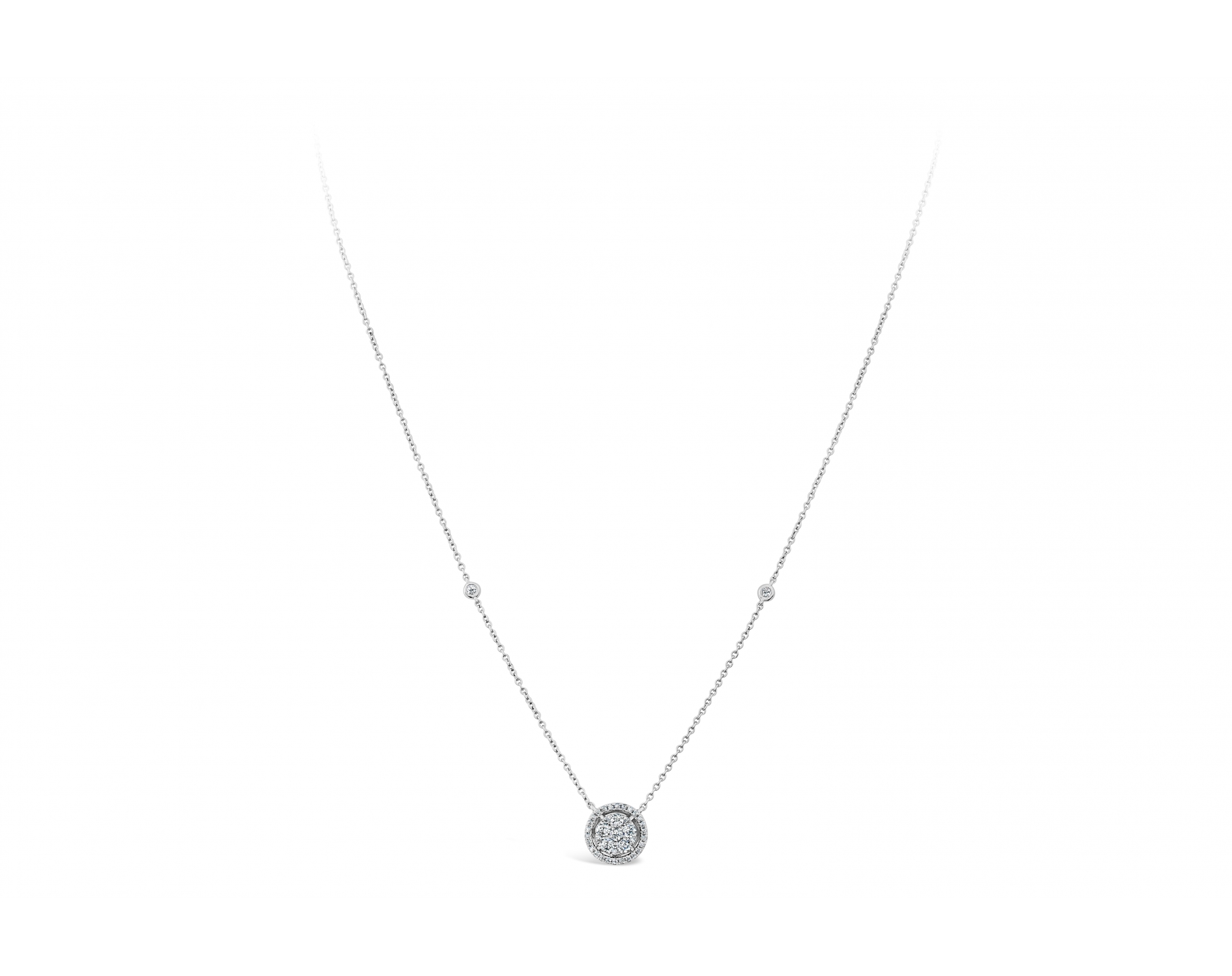 18k white gold halo illusion set round brilliant diamond necklace