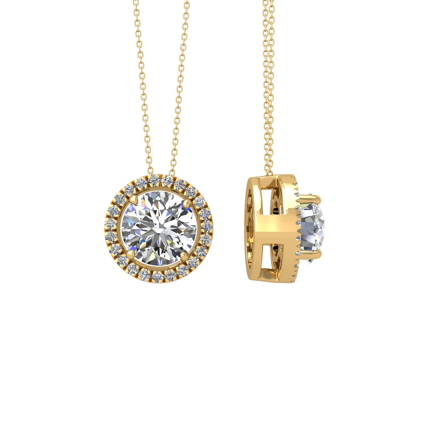 18k yellow gold 0,3 ct 4 prong round shape diamond pendant with diamond pavÉ set halo including chain seperate from the pendant Photos & images
