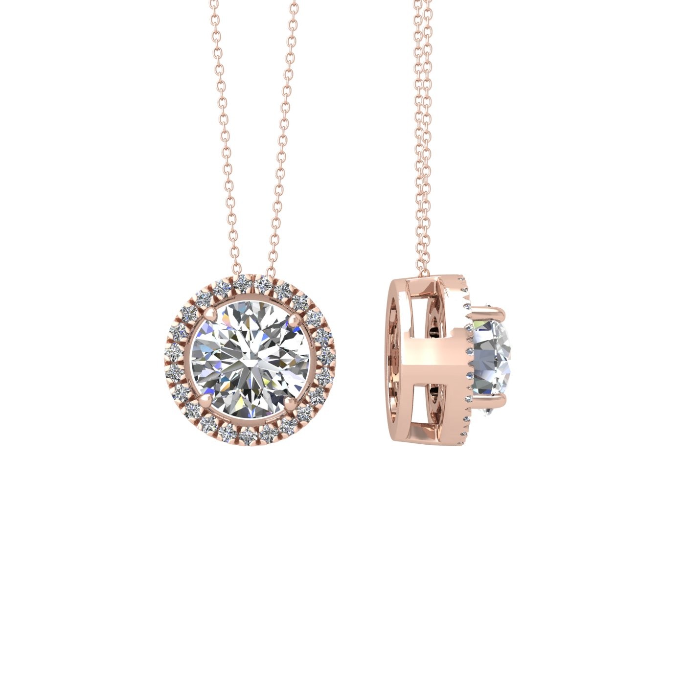 18k rose gold 0,3 ct 4 prong round shape diamond pendant with diamond pavÉ set halo including chain seperate from the pendant Photos & images