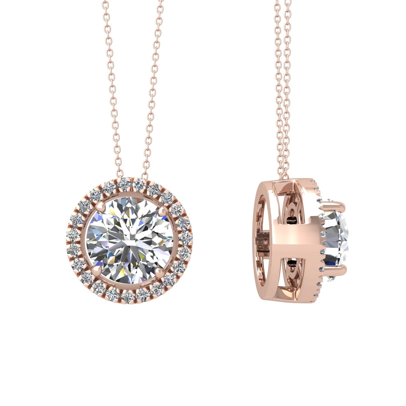 18k rose gold 0,3 ct 4 prong round shape diamond pendant with diamond pavÉ set halo including chain seperate from the pendant Photos & images