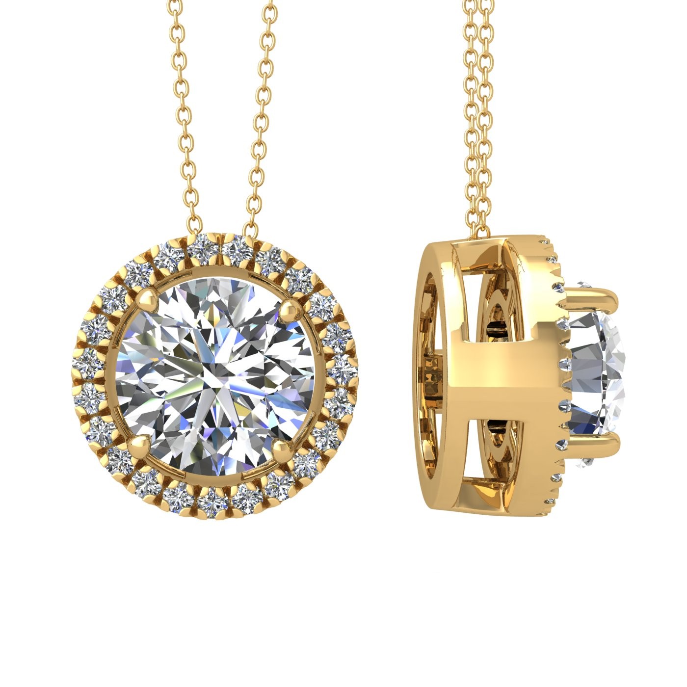 18k yellow gold 0,3 ct 4 prong round shape diamond pendant with diamond pavÉ set halo including chain seperate from the pendant Photos & images