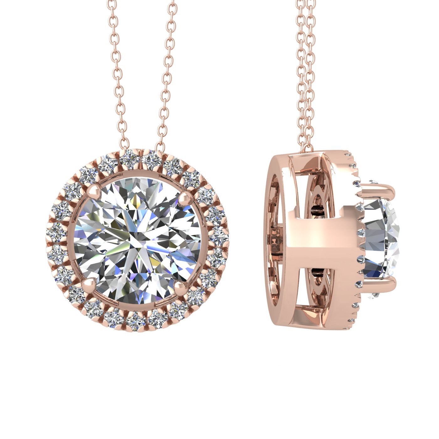 18k rose gold 0,3 ct 4 prong round shape diamond pendant with diamond pavÉ set halo including chain seperate from the pendant Photos & images