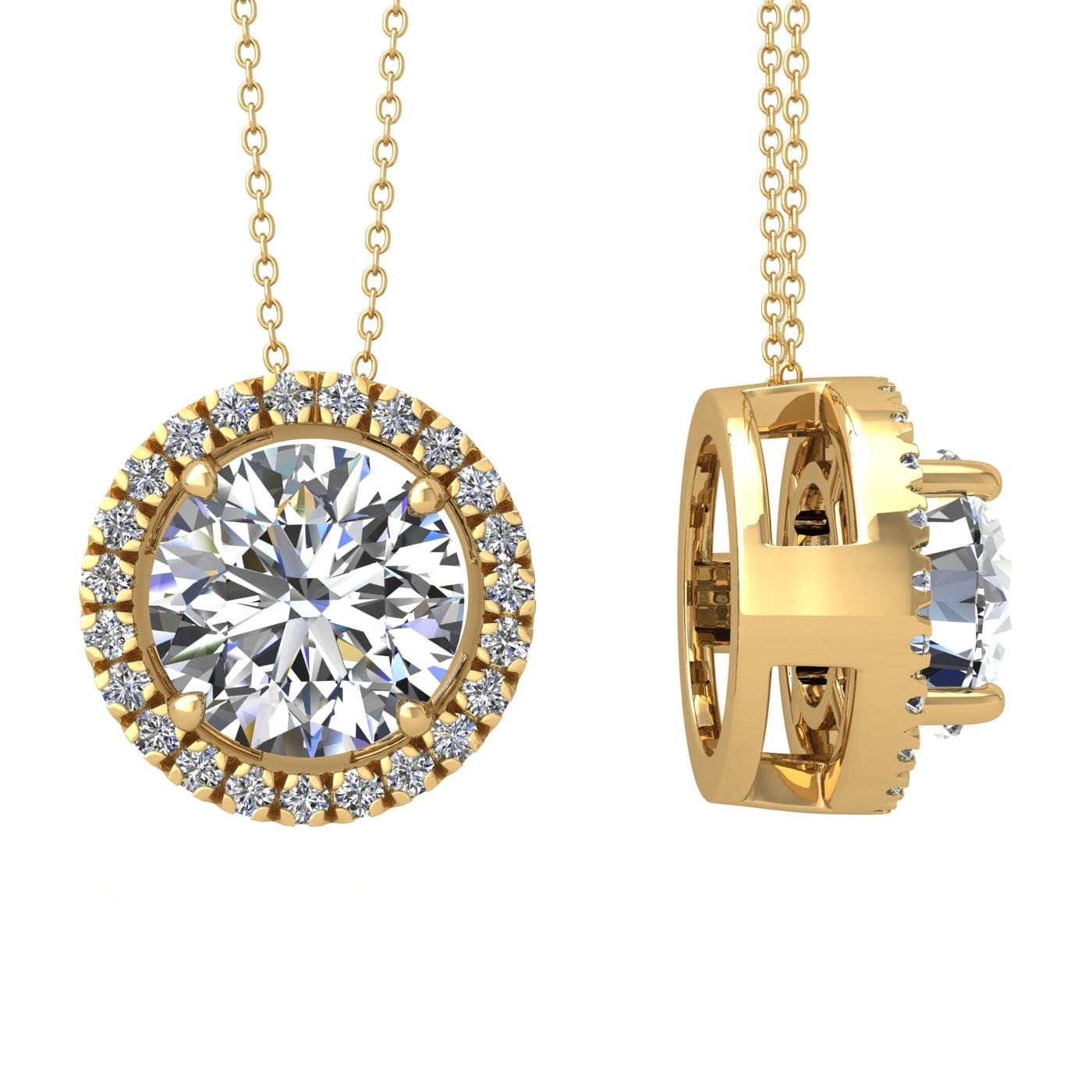 18k yellow gold 0,3 ct 4 prong round shape diamond pendant with diamond pavÉ set halo including chain seperate from the pendant Photos & images