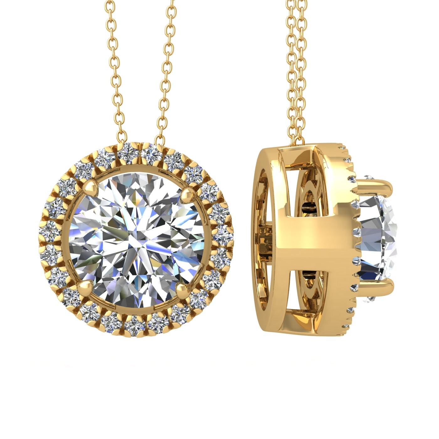 18k white gold 2 ct 4 prong round shape diamond pendant with diamond pavÉ set halo including chain seperate from the pendant Photos & images