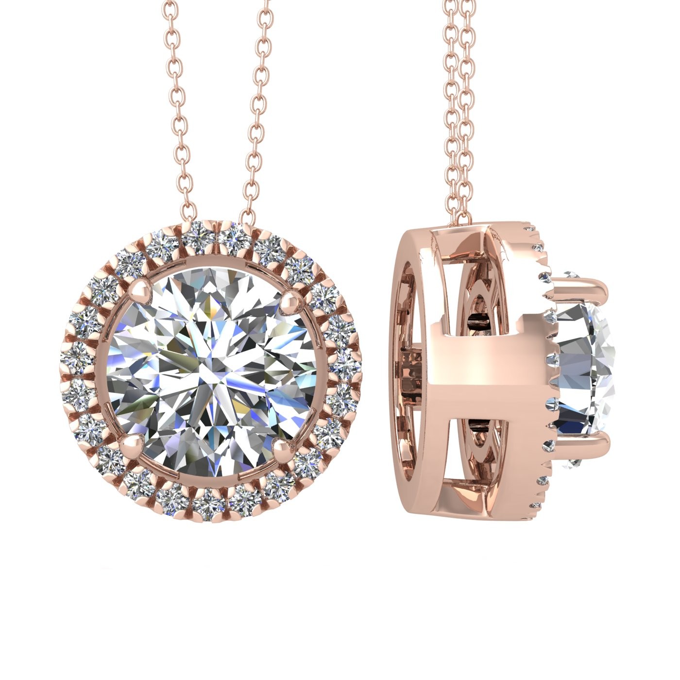 18k rose gold 0,3 ct 4 prong round shape diamond pendant with diamond pavÉ set halo including chain seperate from the pendant Photos & images