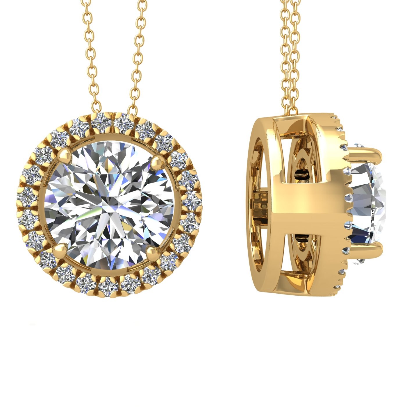 18k yellow gold 0,3 ct 4 prong round shape diamond pendant with diamond pavÉ set halo including chain seperate from the pendant Photos & images