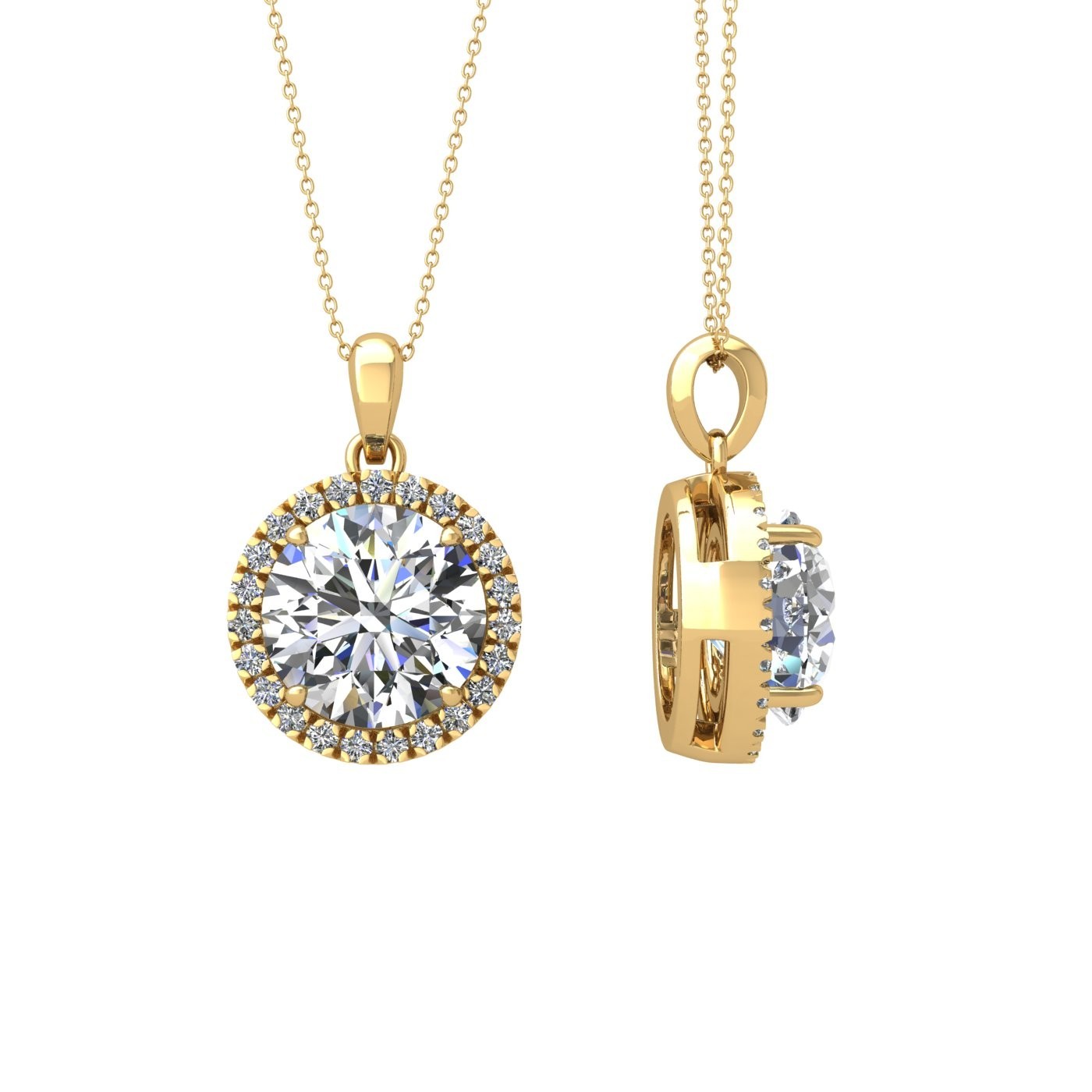 18k yellow gold 1 ct 4 prong round shape diamond pendant with diamond pavÉ set halo including chain seperate from the pendant