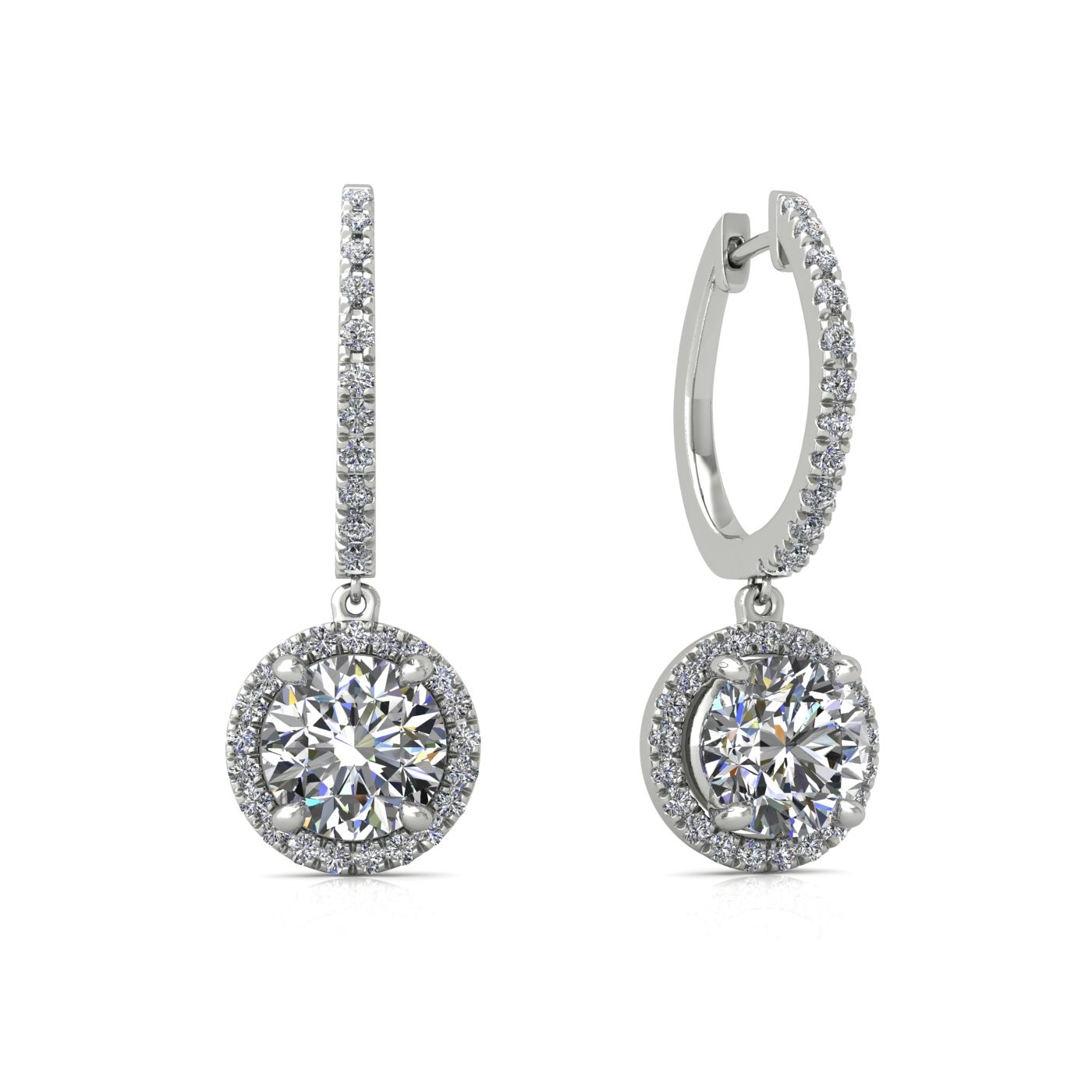 18k yellow gold  0,1 ct  each (0,2 tcw) 4 prongs round shape diamond hanging hoop earrings with diamond pavÉ set halo Photos & images