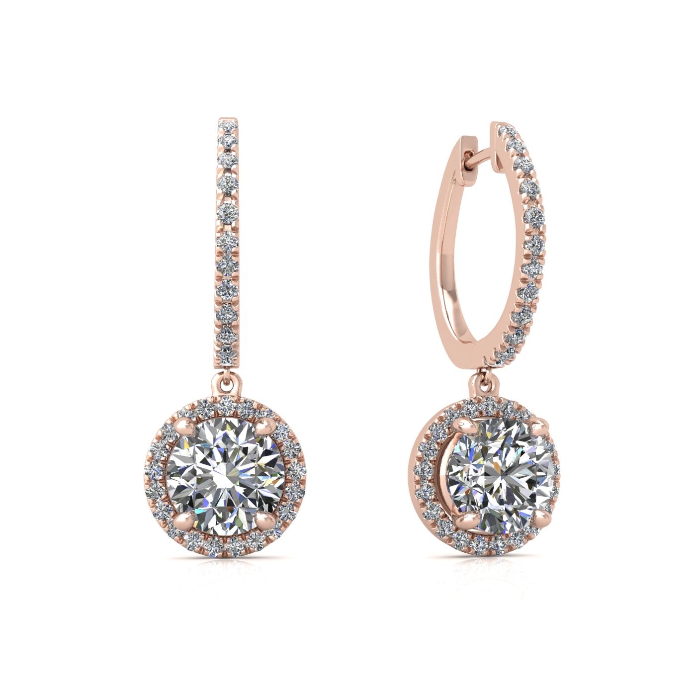 18k yellow gold  0,1 ct  each (0,2 tcw) 4 prongs round shape diamond hanging hoop earrings with diamond pavÉ set halo Photos & images
