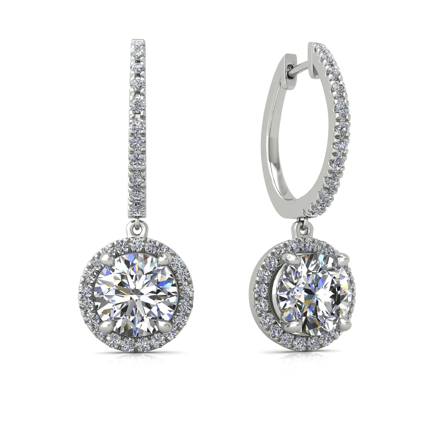 18k white gold  0,1 ct  each (0,2 tcw) 4 prongs round shape diamond hanging hoop earrings with diamond pavÉ set halo Photos & images