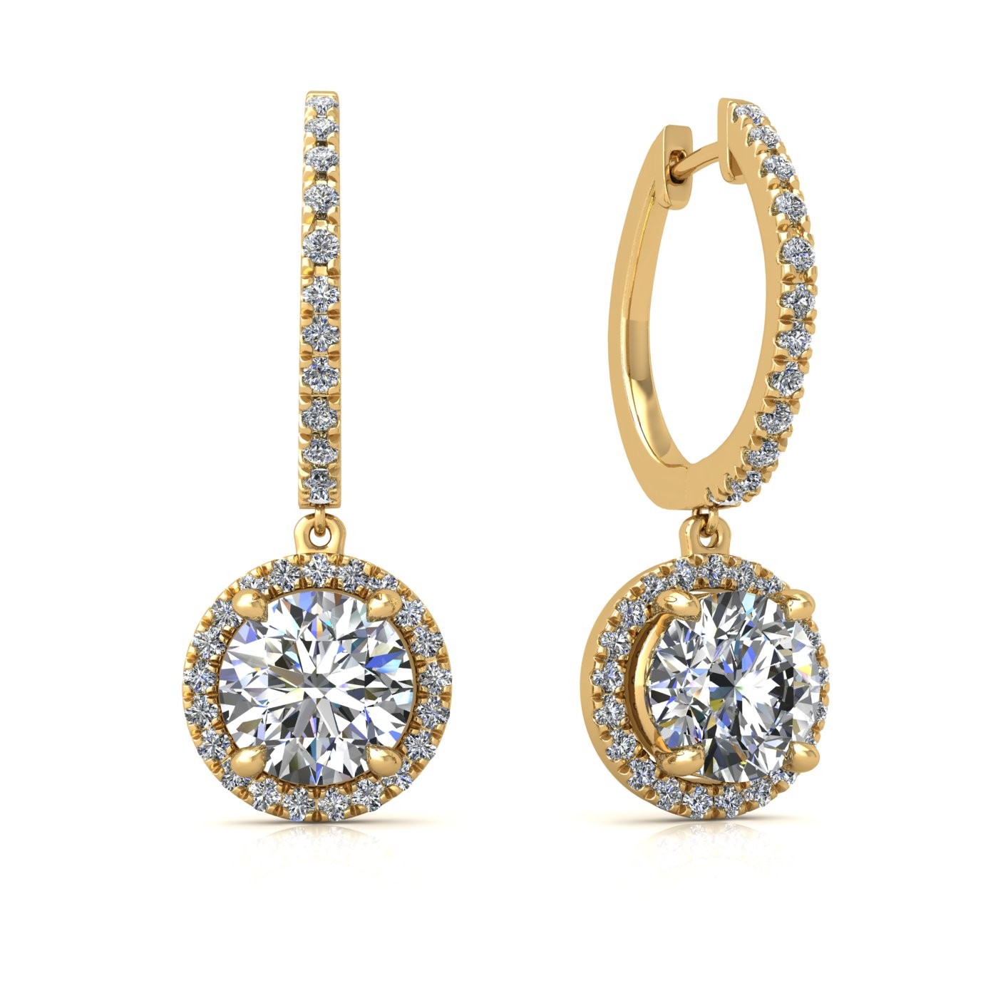 18k yellow gold  0,1 ct  each (0,2 tcw) 4 prongs round shape diamond hanging hoop earrings with diamond pavÉ set halo Photos & images