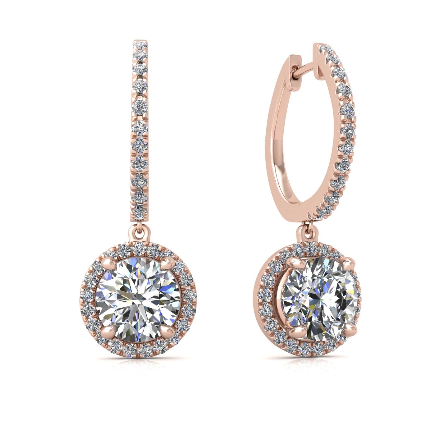 18k rose gold  0,1 ct  each (0,2 tcw) 4 prongs round shape diamond hanging hoop earrings with diamond pavÉ set halo Photos & images
