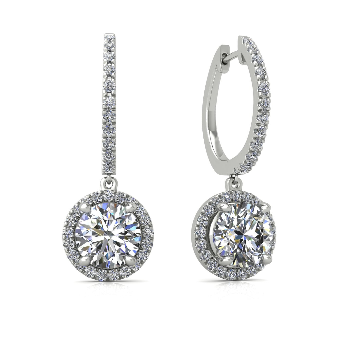 18k white gold  0,1 ct  each (0,2 tcw) 4 prongs round shape diamond hanging hoop earrings with diamond pavÉ set halo Photos & images