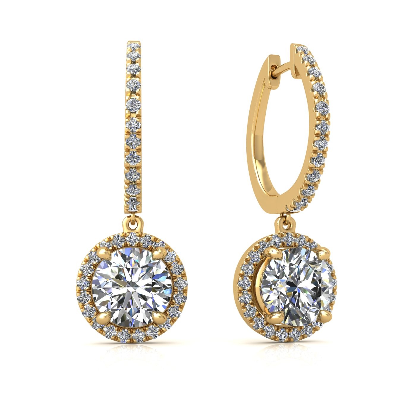18k yellow gold  0,1 ct  each (0,2 tcw) 4 prongs round shape diamond hanging hoop earrings with diamond pavÉ set halo Photos & images