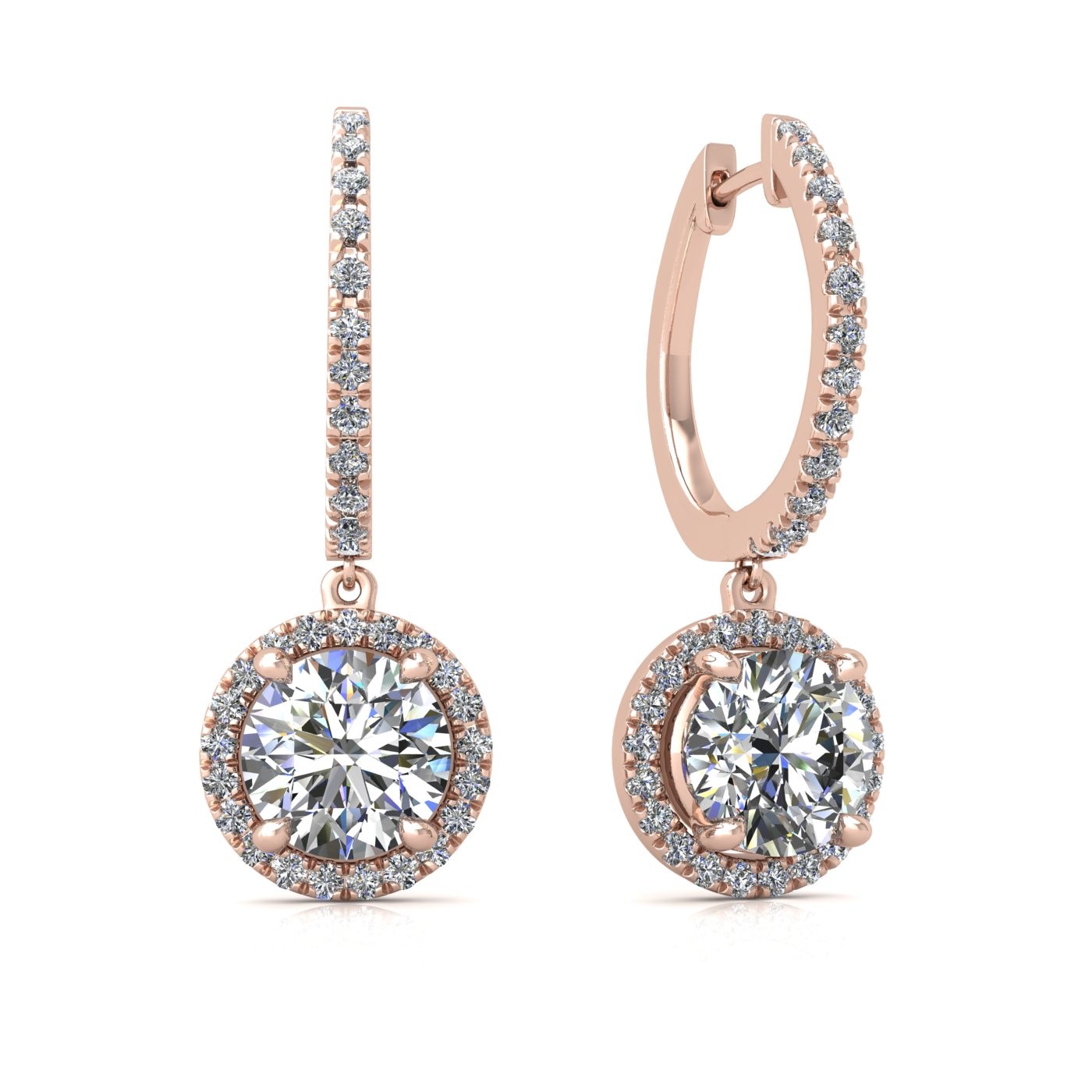 18k rose gold  0,1 ct  each (0,2 tcw) 4 prongs round shape diamond hanging hoop earrings with diamond pavÉ set halo Photos & images